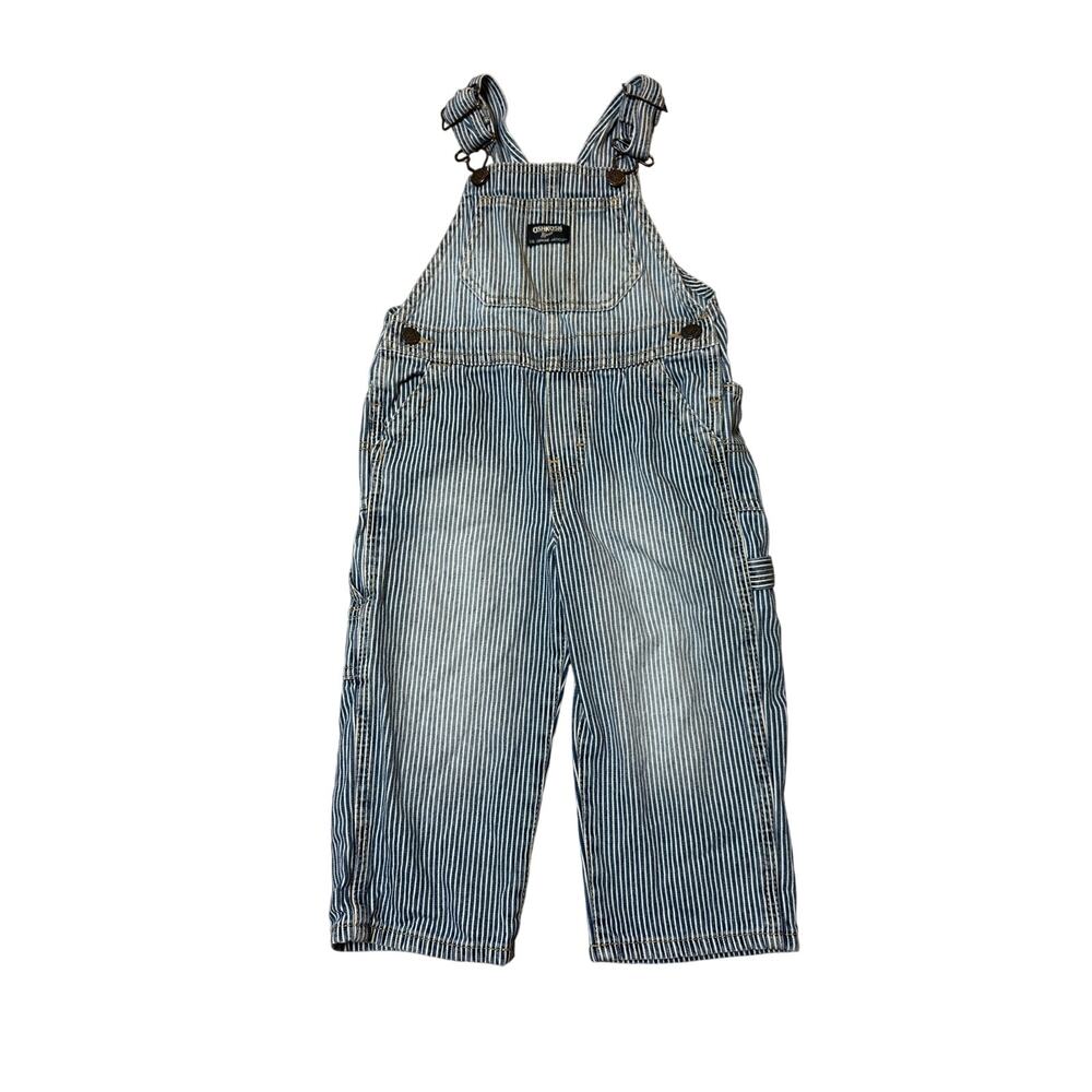 OshKosh B'Gosh Boys Bib Overalls Size 2T Blue and White Hickory Striped Denim